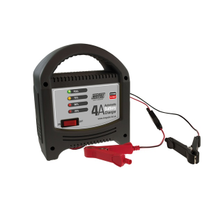 Maypole LED Automatic Battery Charger - 4A available at TruckSpares365. This efficient and fully automatic charger is ideal for maintaining lead-acid and AGM batteries up to 1.8 litres. It features LED indicators for clear charging progress and is designe