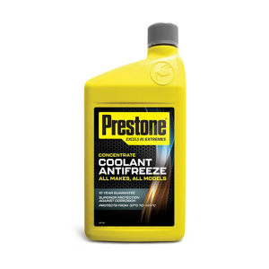 A bottle of Prestone Corguard Concentrate Antifreeze & Coolant, featuring a silicate-free formulation designed for superior engine protection. This versatile coolant offers up to 10 years or 300,000 miles of reliable performance. It is suitable for all mo