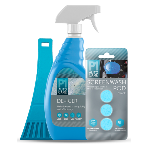 P1 Autocare Winter Kit available at TruckSpares365, including a 300ml de-icer spray for quick frost removal, a sturdy ice scraper for easy ice clearance, and screenwash pods that create up to 5 litres of solution. This winter car care kit is designed to i